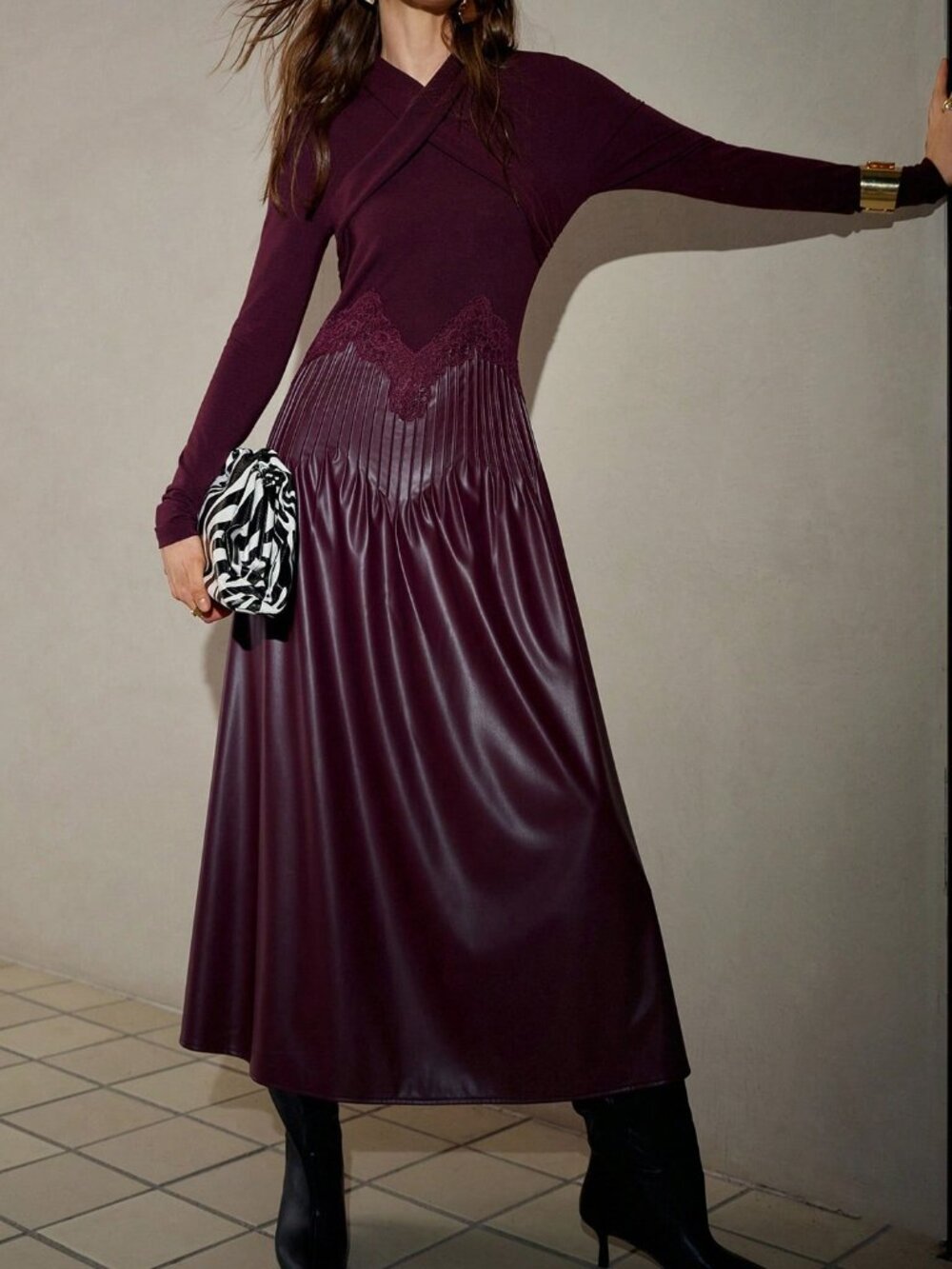 Rust Brown Elegant Women's Slim Fit Stand Collar A-Line Long Dress